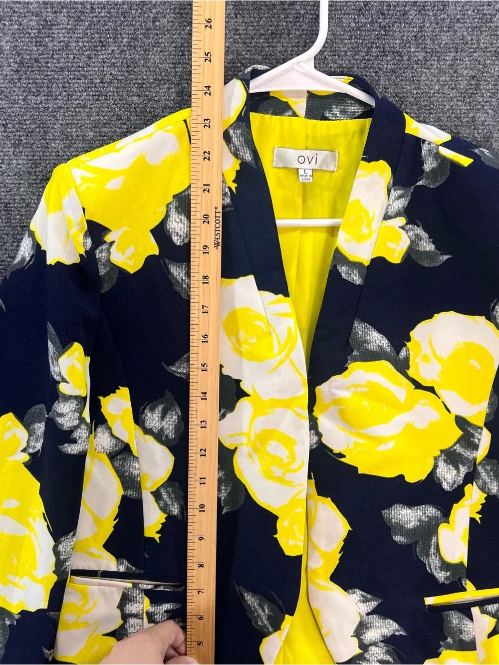 Ovi Open-Front Cropped Blazer Sz Large Navy Blue/Yellow Floral Print Career Work
